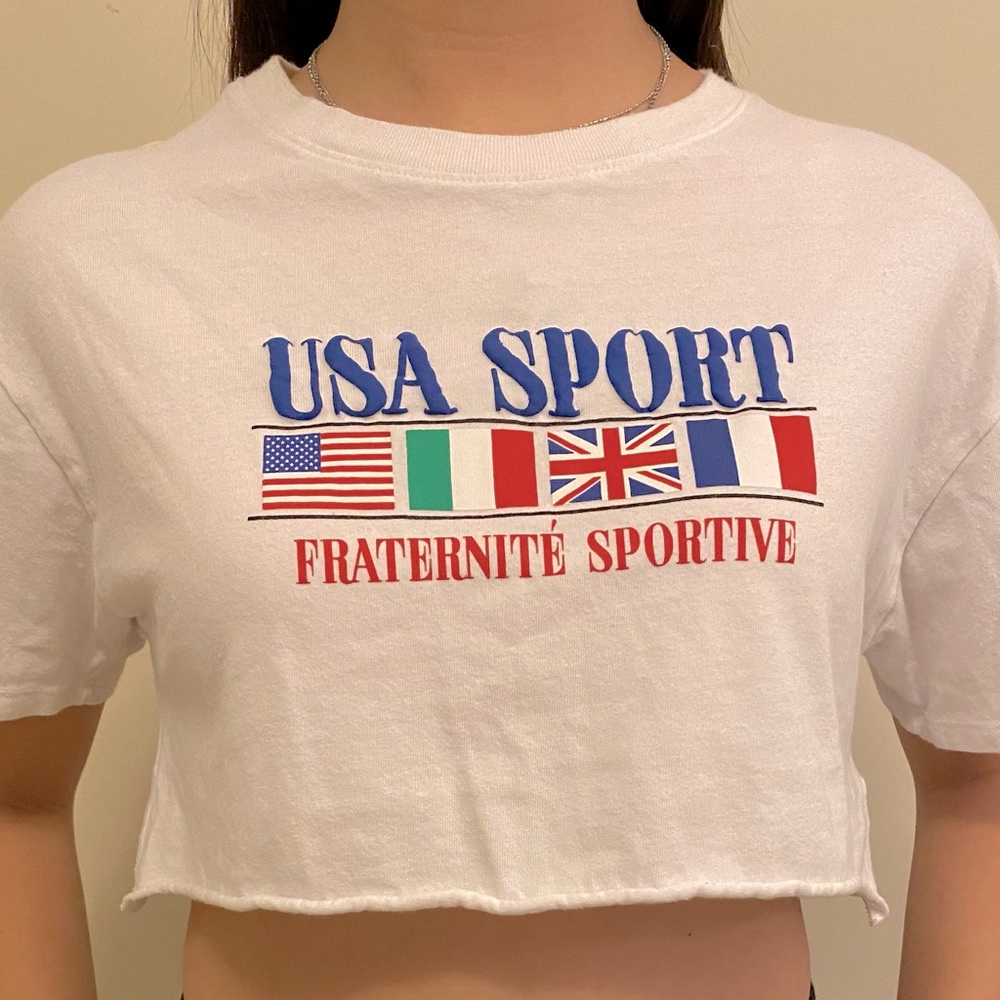 “Women's White Usa Sport Graphic Crop Top”